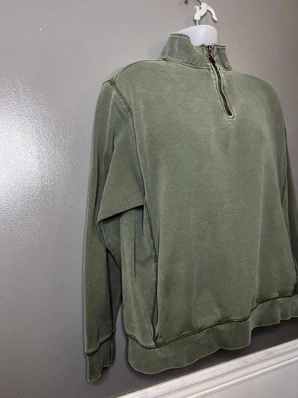 L.L. Bean Sweatshirt Mens Large Green 1/4 Zip Fleece Pullover Pockets Mock Neck